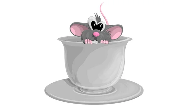 Beyaz arka planda bir kupada oturan sevimli fare. Çizgi film tarzında vektör illüstrasyonu — Stok Vektör