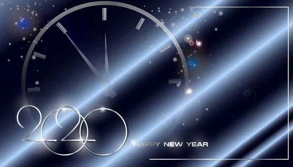 Stylowe i błyszczące tło nowego roku na 2020 rok. Ilustracja wektora z pasemkami i iskrami z zegarem w tle — Wektor stockowy