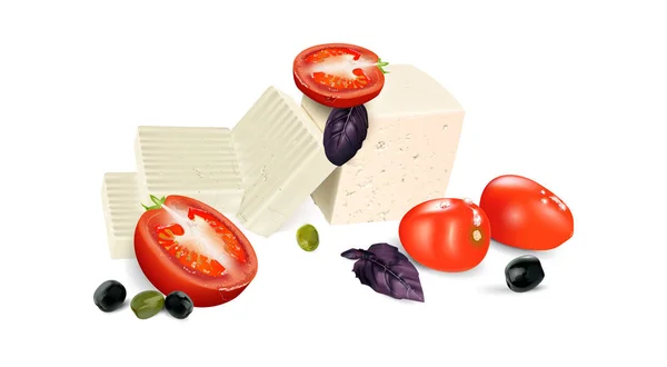 Tomates fraîches au fromage de chèvre et olives et feuilles de basilic pour une alimentation saine dans un design vectoriel . — Image vectorielle