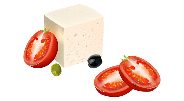 Kozí sýr s čerstvými rajčaty a olivami ve vektorovém formátu. — Stockový vektor