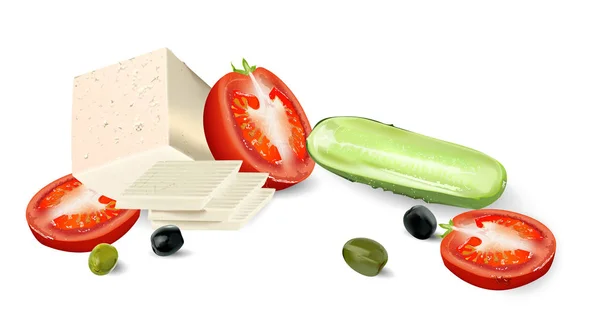 Frische Tomaten und Gurken mit Käse und Oliven auf weißem Hintergrund. — Stockvektor