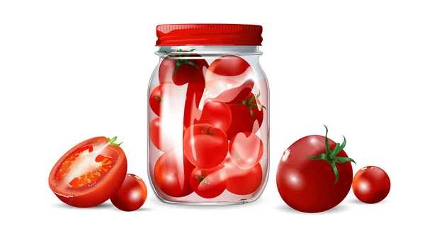 Vectorillustratie van verse tomaten en tomaten in blik in een glazen pot met een twist. — Stockvector