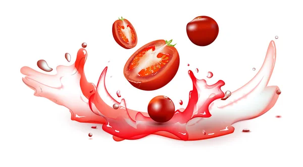 Tomates frescos con salpicaduras de jugo sobre un fondo blanco — Vector de stock