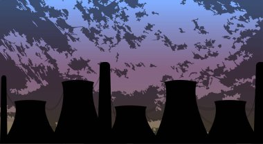 Gün batımında bir nükleer santralin siluetleri. Vektör illüstrasyonu.