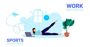 Ev sporu fitness yaşam tarzında kadın eğitmek poster vektör illüstrasyonuna başlamak için.