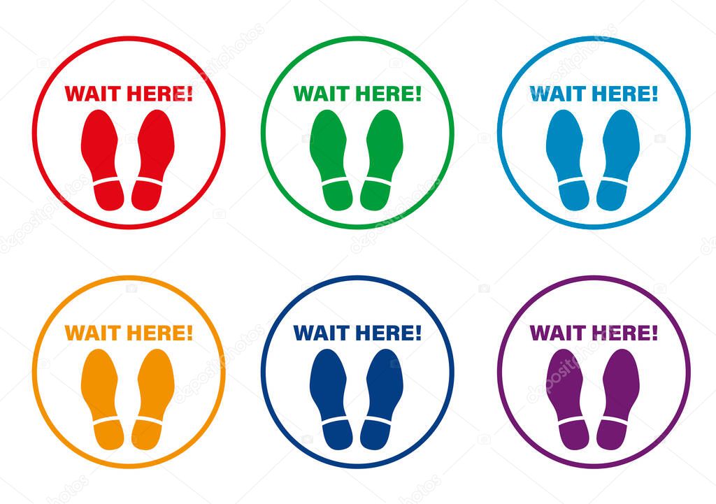 walkable stickers wait here with footprint on white background