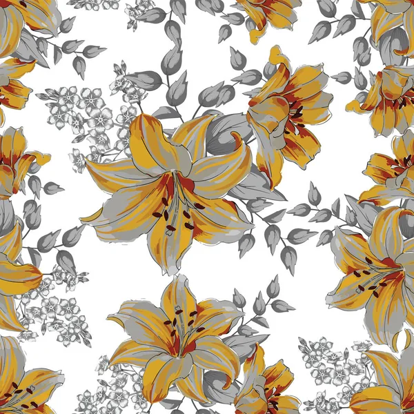 美しい花と葉黄色と灰色の色の庭の花のシームレスなパターン — ストック写真