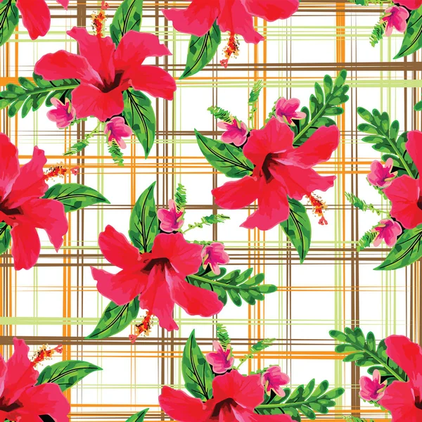 Hermosas Flores Hibisco Con Hojas Dibujar Mano Patrón Sin Costuras —  Fotos de Stock