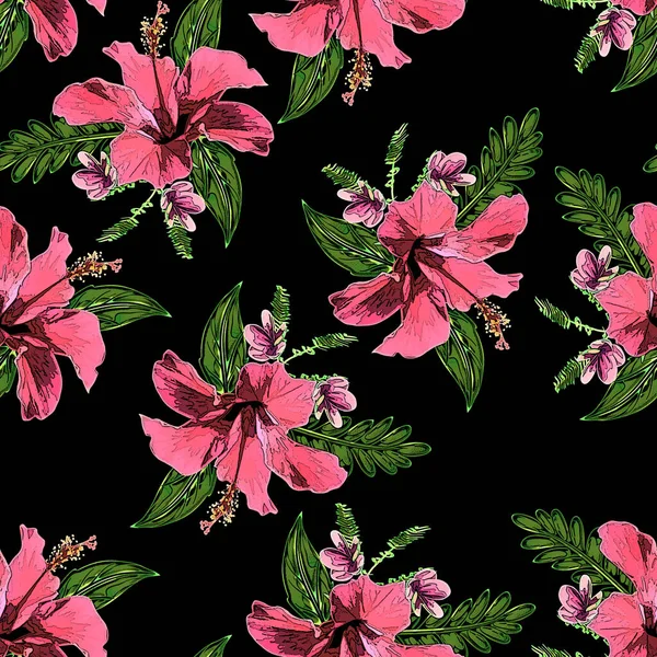 Vacker Hibiskus Blommor Med Blad Hand Rita Sömlös Mönster — Stockfoto