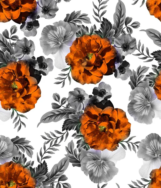 Rose flower with pansy and purple color flower seamless pattern design