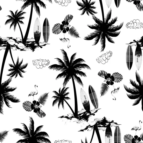 Palmy Ostrov Plameňákem Pták Tropické Květiny Bezešvé Vzor Design — Stock fotografie