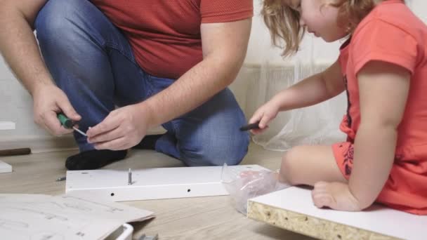 Papá y su hija recogen muebles de aglomerado. Papá y la muchacha recogen los muebles caseros juntos . — Vídeo de stock