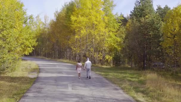 女性と男性の散歩や秋の森、トップビューを介してアスファルトの道路に沿って実行されます — ストック動画