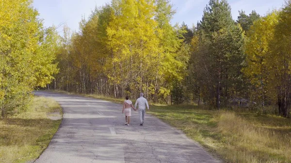 Promenades et courses féminines et masculines le long d'une route asphaltée à travers la forêt d'automne, vue de dessus — Photo