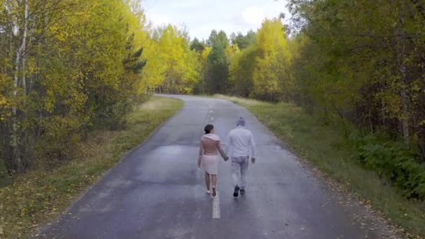Frau und Mann gehen und laufen auf einer asphaltierten Straße durch den Herbstwald, von oben gesehen — Stockvideo