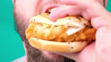 Sakallı şişman adam yakın plan hamburger yiyor.