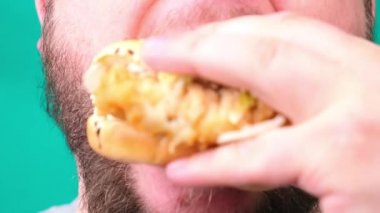 Sakallı şişman adam yakın plan hamburger yiyor.