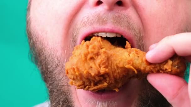 Bărbatul dolofan mănâncă fast-food. Close up — Videoclip de stoc