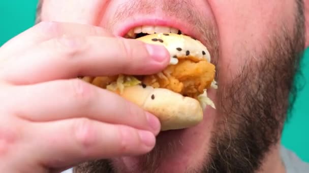 Gras om cu barbă mănâncă burger closeup — Videoclip de stoc