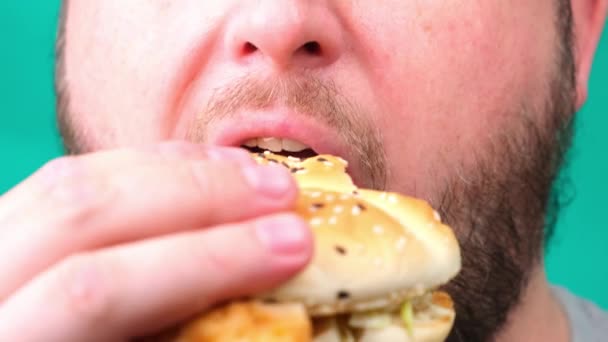Товстий чоловік з бородою їсть бургер крупним планом — стокове відео