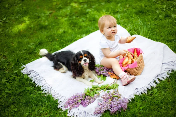 a small child with a dog on the lawn eating croissants