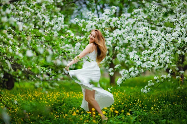 Verschwommener Hintergrund Mädchen Fokus Einem Apfelblütengarten — Stockfoto