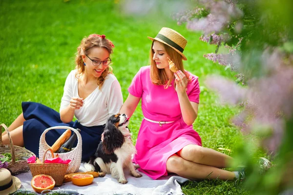 two friends on a picnic in a blooming garden with a dog