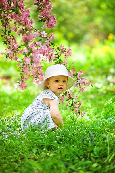 Ritratto ravvicinato di una bambina di 1-2 anni all'aperto in un giardino con fiori rosa sugli alberi . — Foto Stock
