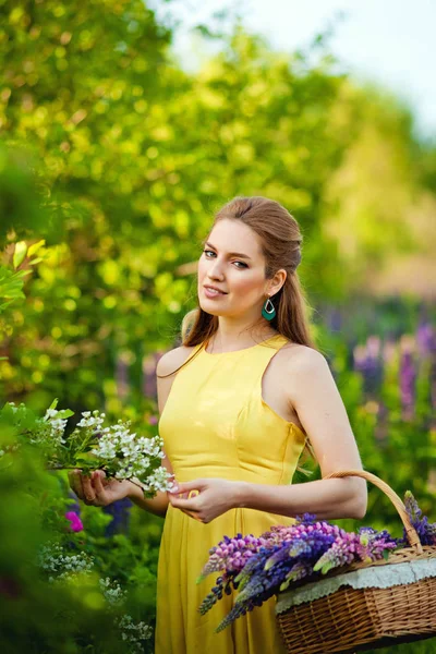 Una Giovane Bella Ragazza Abito Giallo Tiene Cesto Lupini Viola — Foto Stock