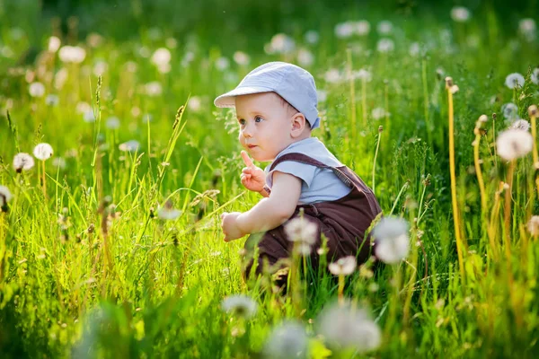 Ein Kleiner Junge Mit Hellen Haaren Mütze Blauem Hemd Und — Stockfoto