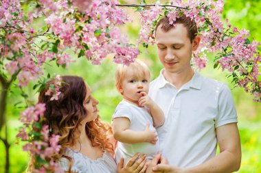 İlkbahar. Bahar sakurası çiçek açar. Sakura çiçek bahçesinde mutlu bir çift. Turist ailesi Sakura parkında yürüyor. Bahar bahçesinde mutlu bir aile. Anne baba ve küçük oğul birlikte Sakura parkında..