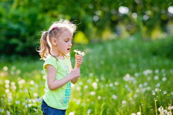 Glückliches Kleines Mädchen Bläst Löwenzahnblume Freien Mädchen Haben Spaß Spring — Stockfoto