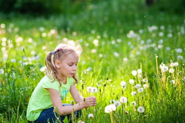 Glückliches Kleines Mädchen Bläst Löwenzahnblume Freien Mädchen Haben Spaß Spring — Stockfoto