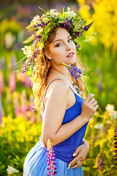 Una Giovane Bella Ragazza Erge Prato Fiorito Primaverile Lupini Con — Foto Stock