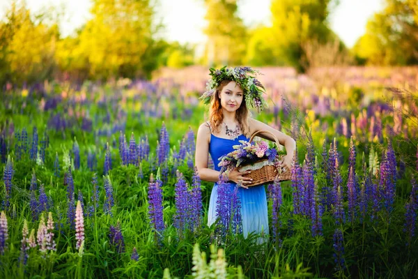 美しいです若いです女の子とともに赤い髪の花の花輪で彼女の頭の上に座っているフィールドで日没のライン夏 クローズアップ肖像画 — ストック写真