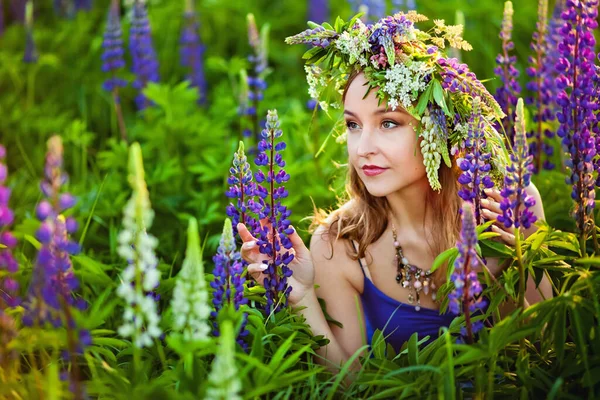 Tânără Fată Frumoasă Stă Pajiște Înfloritoare Lupini Coroană Flori Cap — Fotografie, imagine de stoc