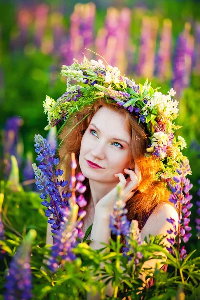 Young Beautiful Girl Stands Blooming Spring Meadow Lupines Flower Wreath — Stock Photo, Image