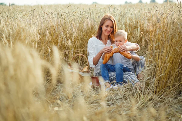 family picnic in nature on a family picnic in nature on a summer evening. mother and son eat bread, drink milk from a ceramic jug in a wheat field