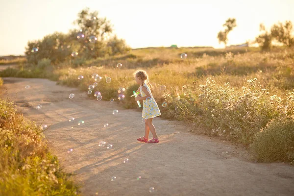 Een Meisje Een Veld Spelen Blazen Zeepbellen — Stockfoto