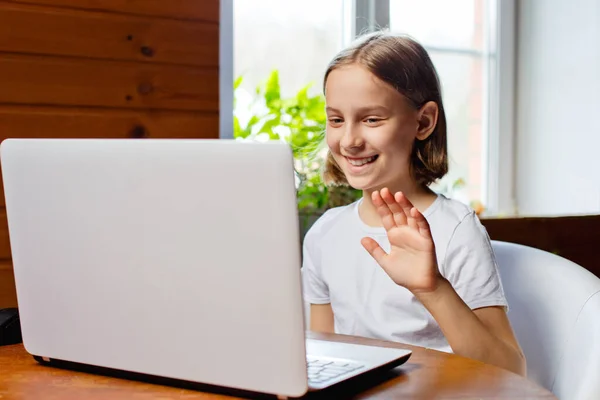 Home Schooling Girl Sitting Table Laptop Online Video Chat School — Stock Photo, Image