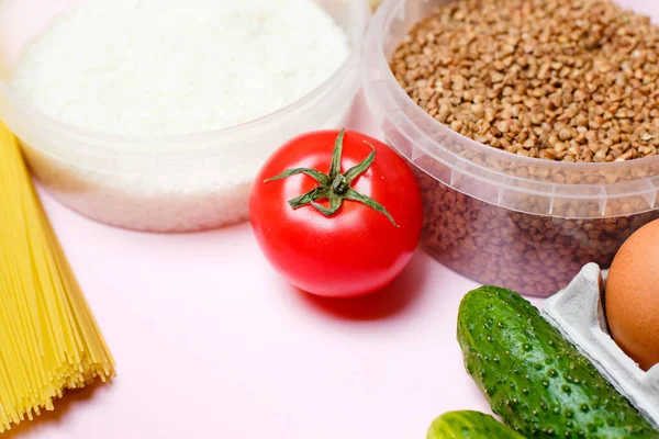 Doações Alimentos Fundo Madeira Vista Superior Com Espaço Para Fotografiadoações — Fotografia de Stock