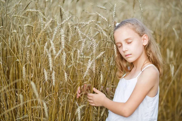 Meisje Knuffelt Oren Van Tarwe Het Veld — Stockfoto