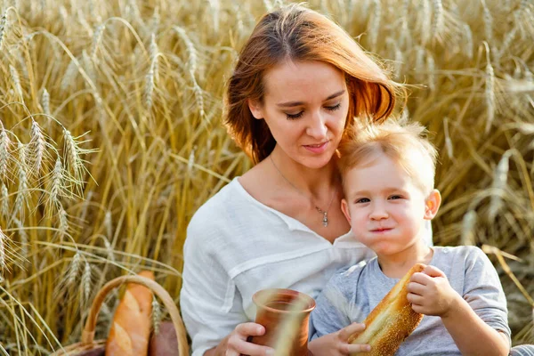 family picnic in nature on a family picnic in nature on a summer evening. mother and son eat bread, drink milk from a ceramic jug in a wheat field