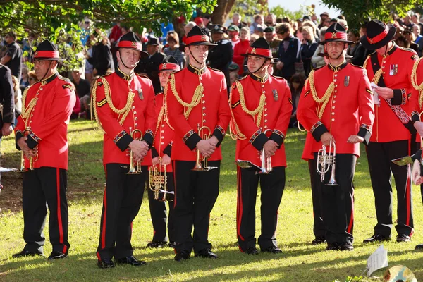 New Zealand Army Band Section Trompette Vêtue Uniformes Cérémonie Rouge — Photo