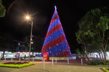 Hamilton, New Zealand's 25 meter tall Christmas tree, erected annually in Garden Place park. It is shown here with a red and white candy striped pattern. December 13 2019 