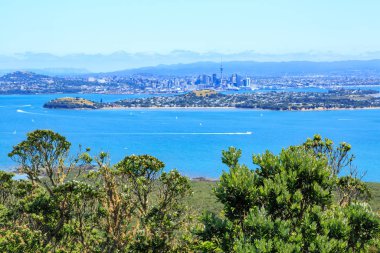 Rangitoto Adası 'nın tepesinden Auckland City, Yeni Zelanda manzarası. Devonport ve North Head orta mesafedeki yeşil yarımadada uzanıyorlar. Arka planda merkez şehir ve Gökyüzü Kulesi var. 