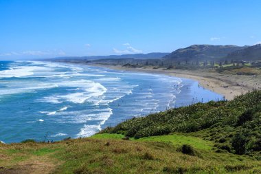 Yeni Zelanda 'nın batı Auckland bölgesindeki Muriwai' deki kara kum plajı sörfçülerin popüler olduğu bir yerdir. 