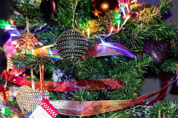 Christmas hanging decorations on fir tree. Decorated Christmas t — Stock Photo, Image