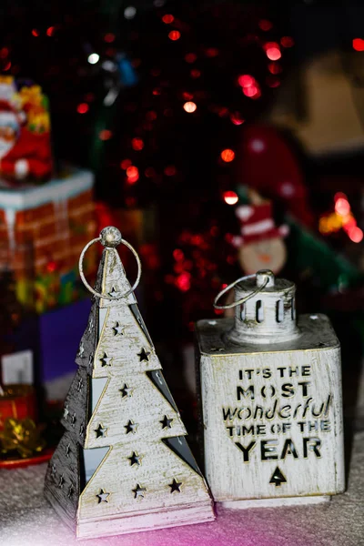 Christmas concept. White metal Christmas lantern.  Metal decorat — Stock Photo, Image