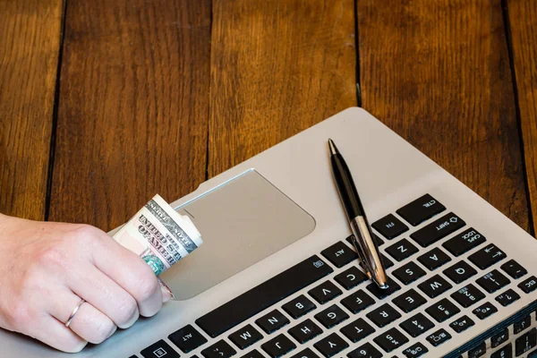 Different objects on wooden office desk. Modern wooden office de